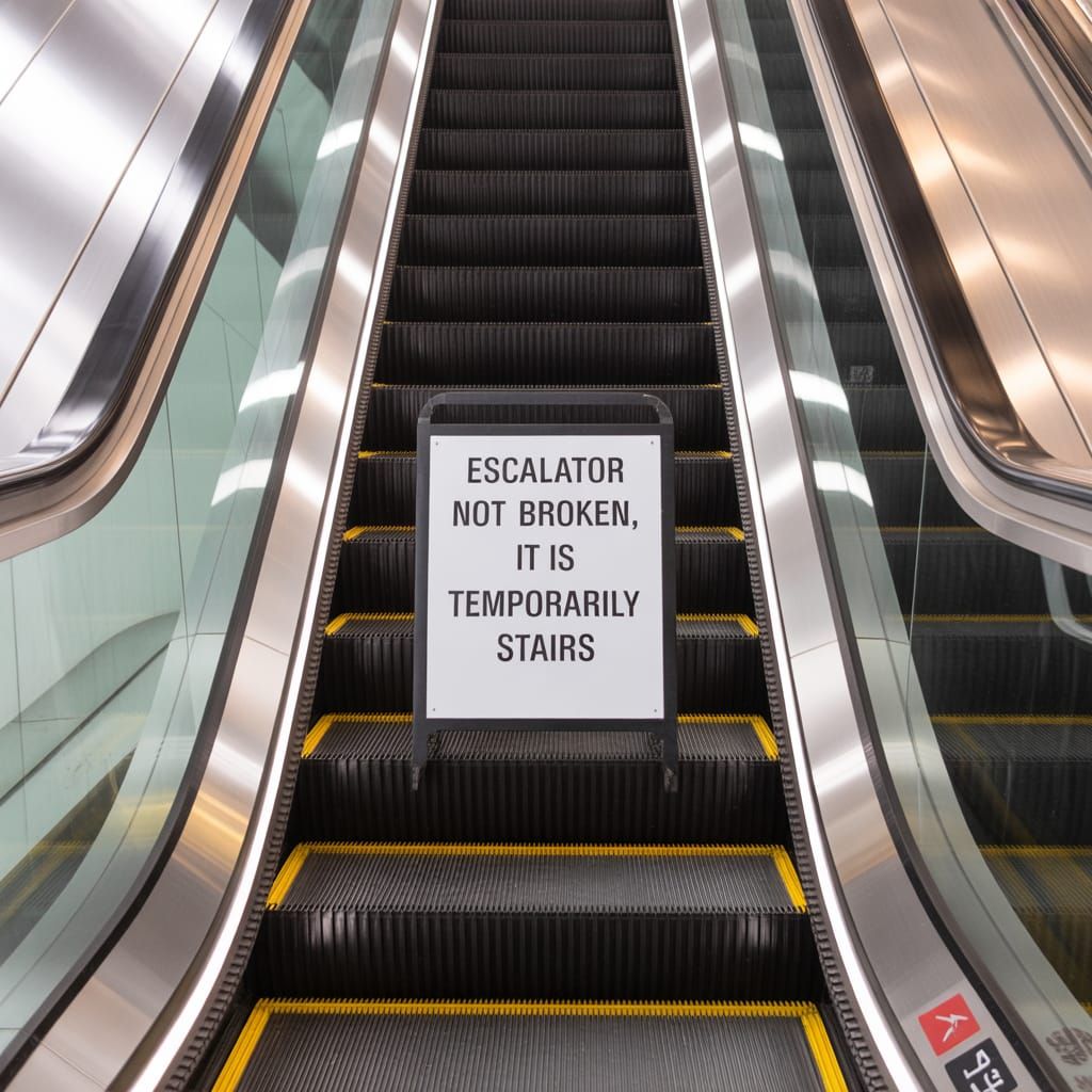 Funny Escalator Sign: Temporarily Stairs