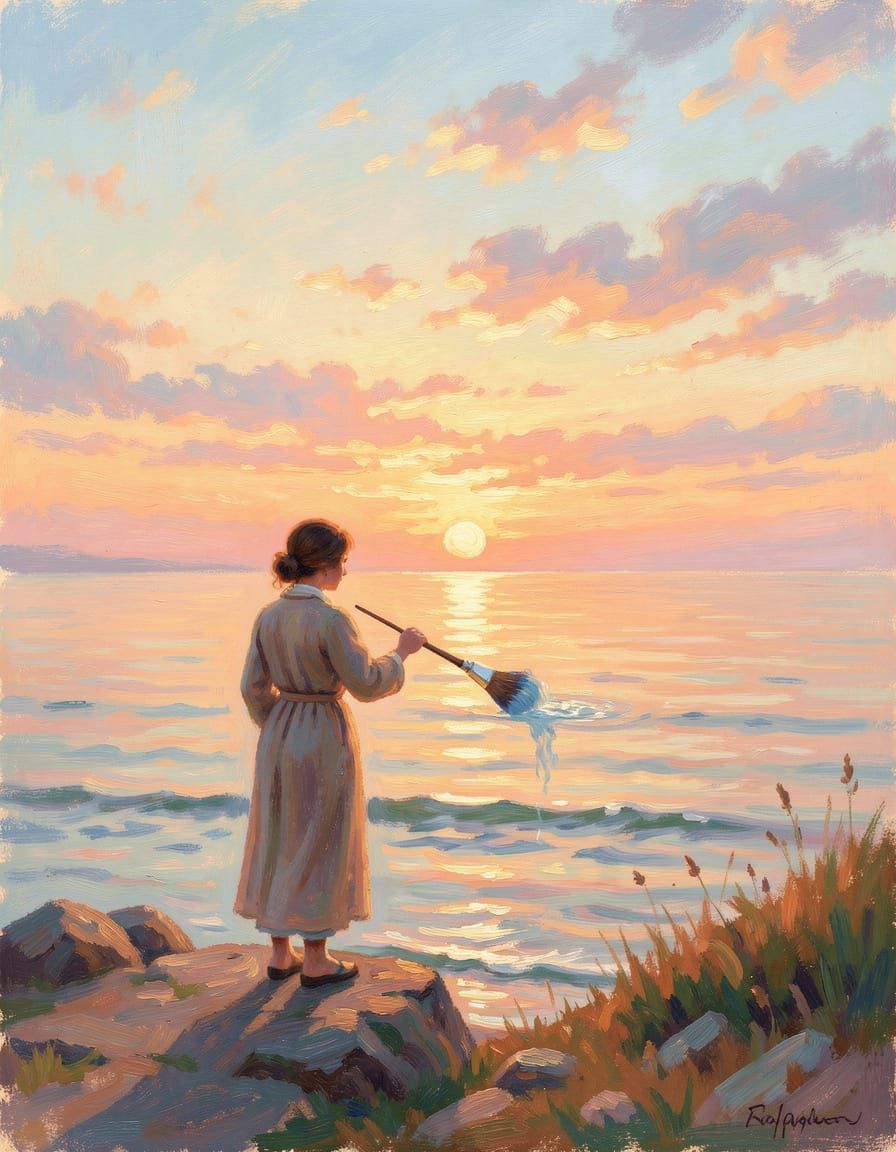 Figure Paints Vibrant Sunset Over Calm Sea