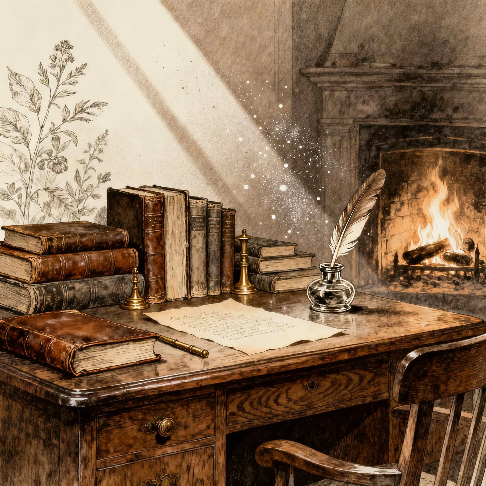 Vintage Botanical Illustration of a Cluttered Antique Desk