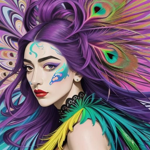 Peacock Haired Woman in Abstract Expressionism Style