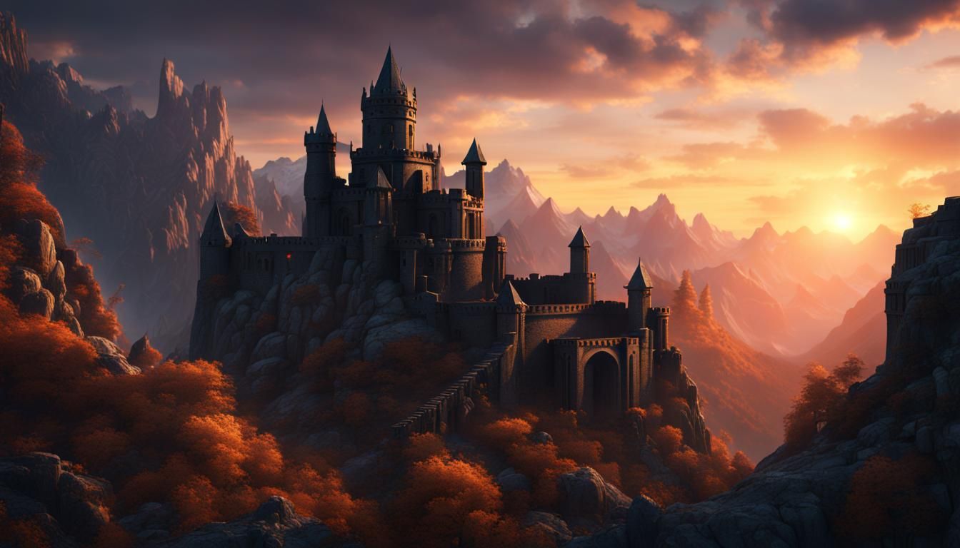 Mountain Fortress at Sunset: Fantasy Concept Art