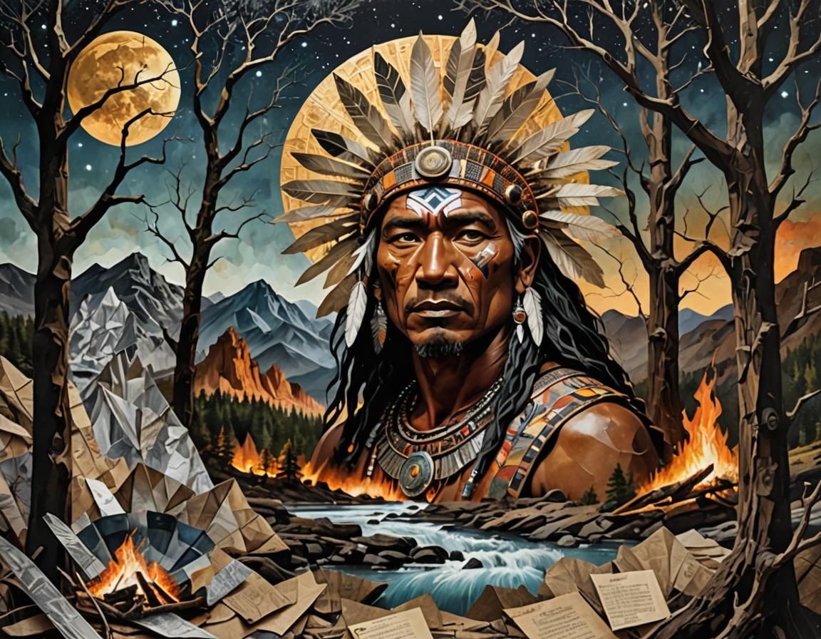 Prehistoric Tribal Chief Collage with Mystical Landscape