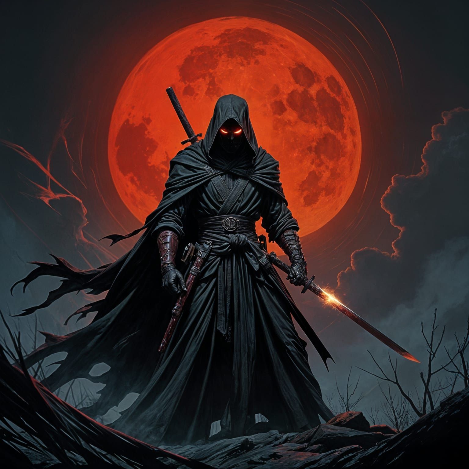Dracula Ninja Silhouetted Against Blood-Red Moon
