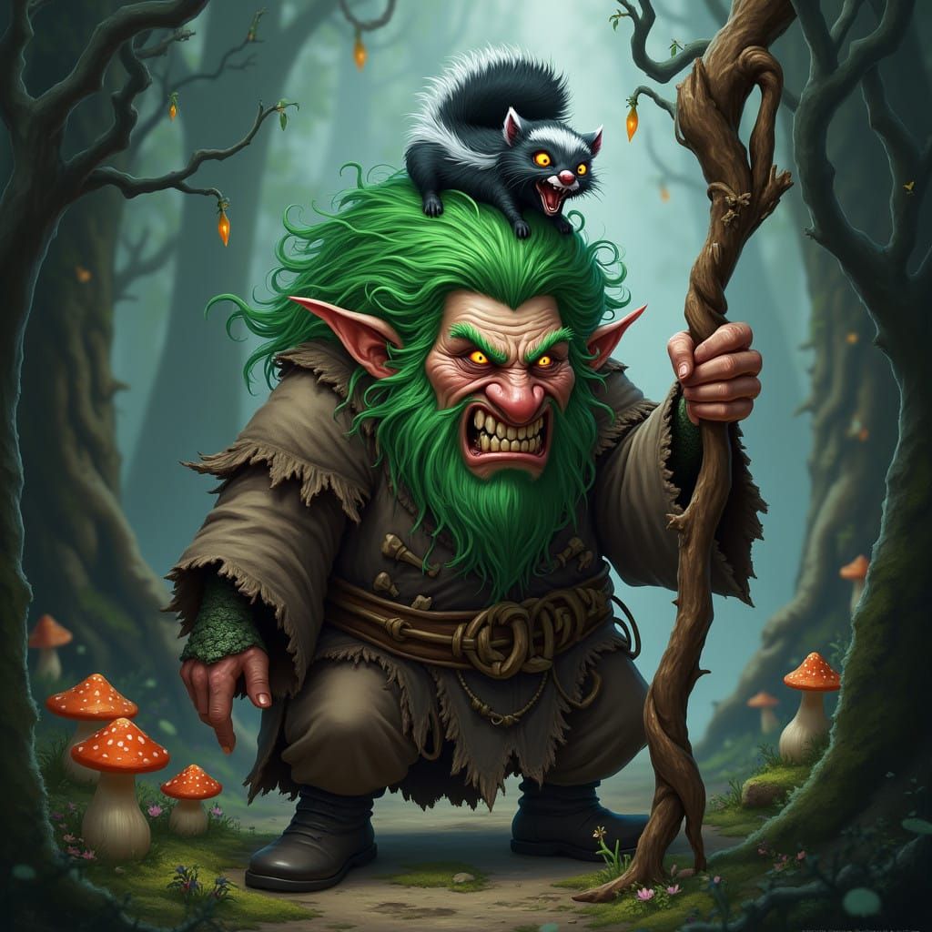 Dark Gnome Druid Confronts Midnight Forest with Skunk
