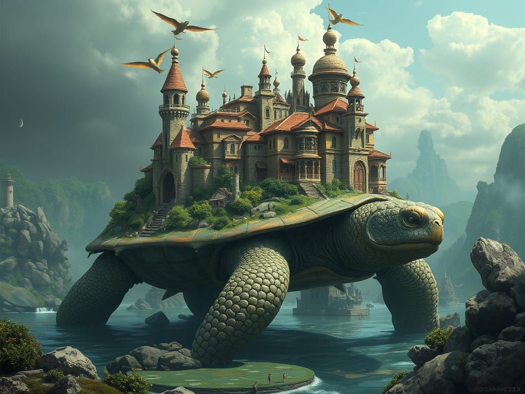 Fantasy City Rests on Giant Turtle's Back