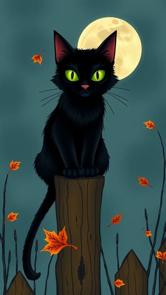 Mysterious Black Cat Halloween Illustration