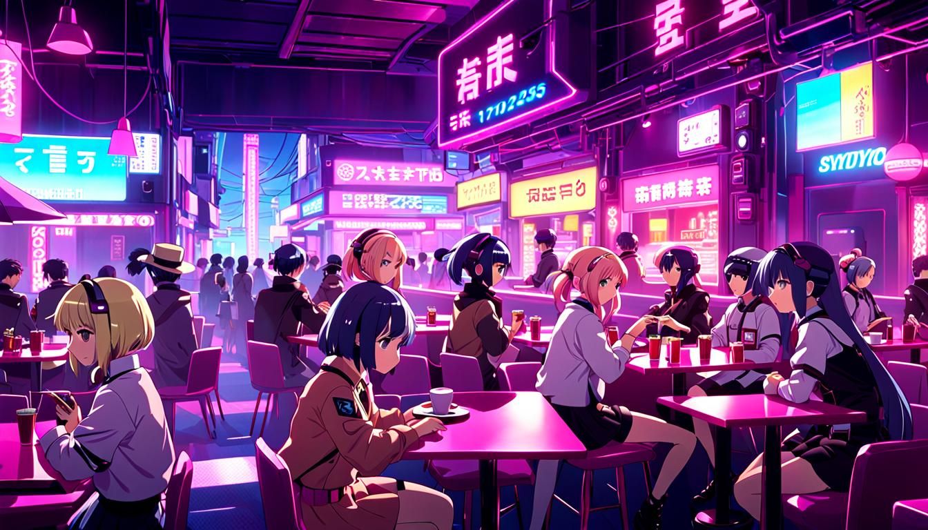 Synthwave Night Cafe in Striking Anime Style
