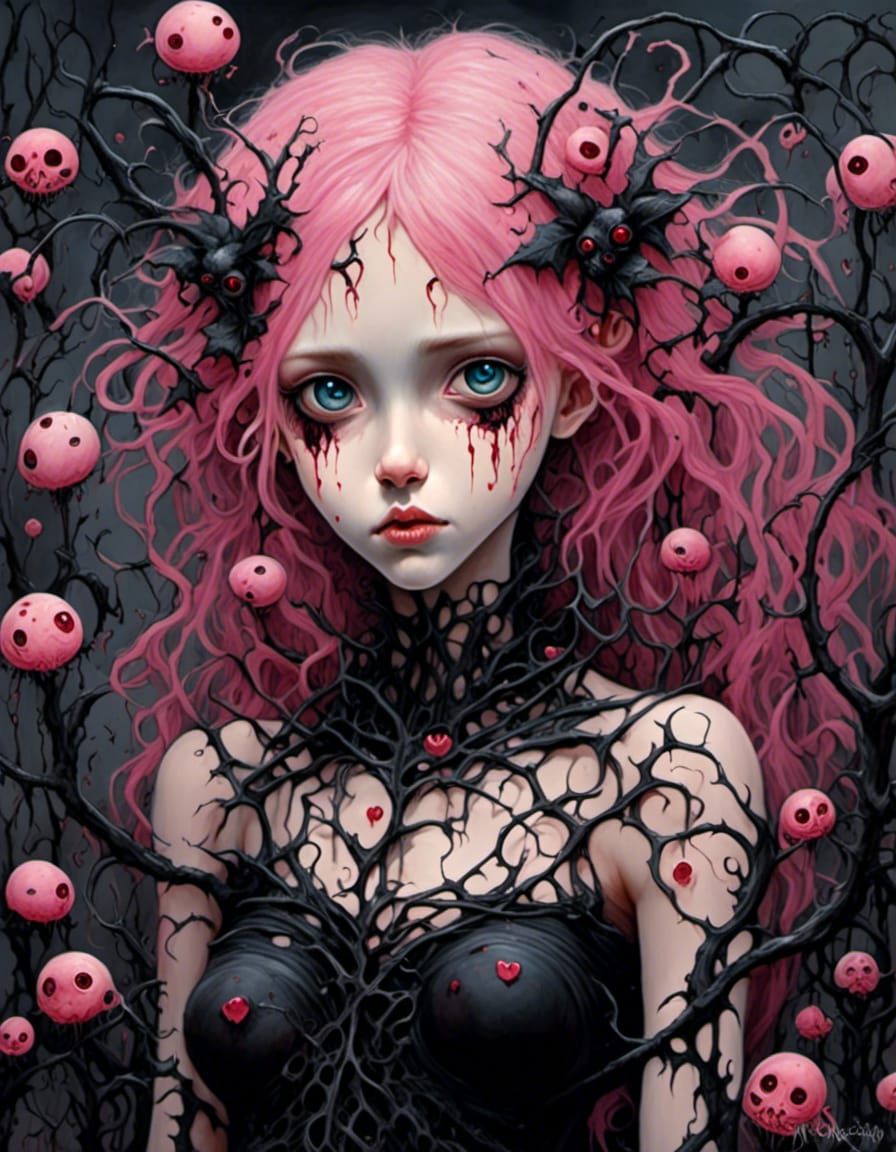 Pink-Haired Gothic Girl in Spooky Garden
