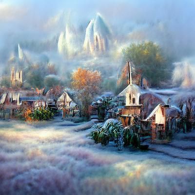 Village Engulfed by Frost in Ethereal Fantasy Style