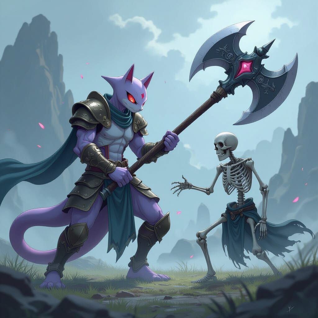 Mewtwo Battles Lich in Misty Field, Manga Style