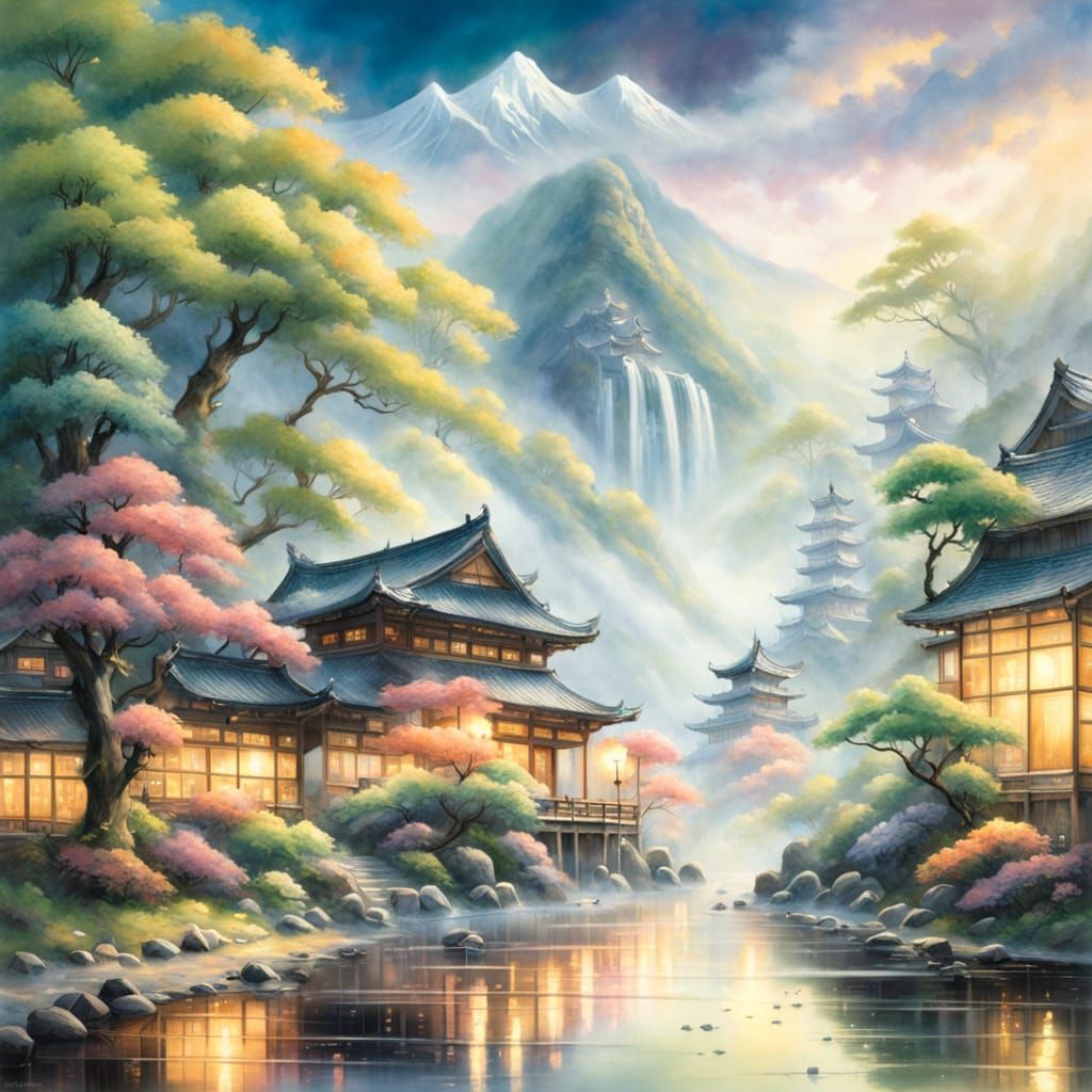 Whimsical Japanese Landscape in Ethereal Fantasy Style