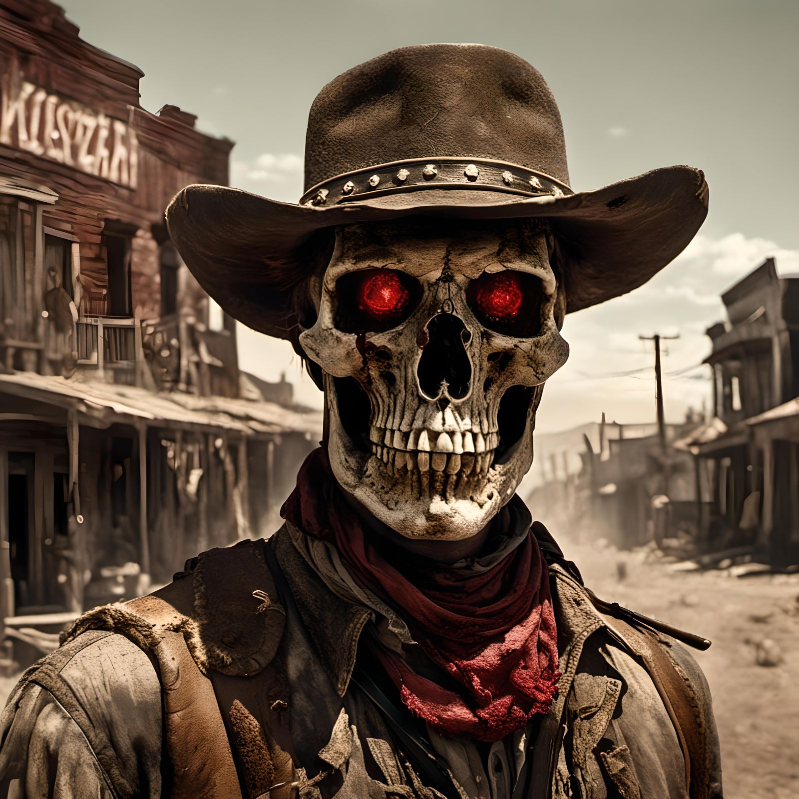 Zombie Cowboy Skull in Surreal Western Scene