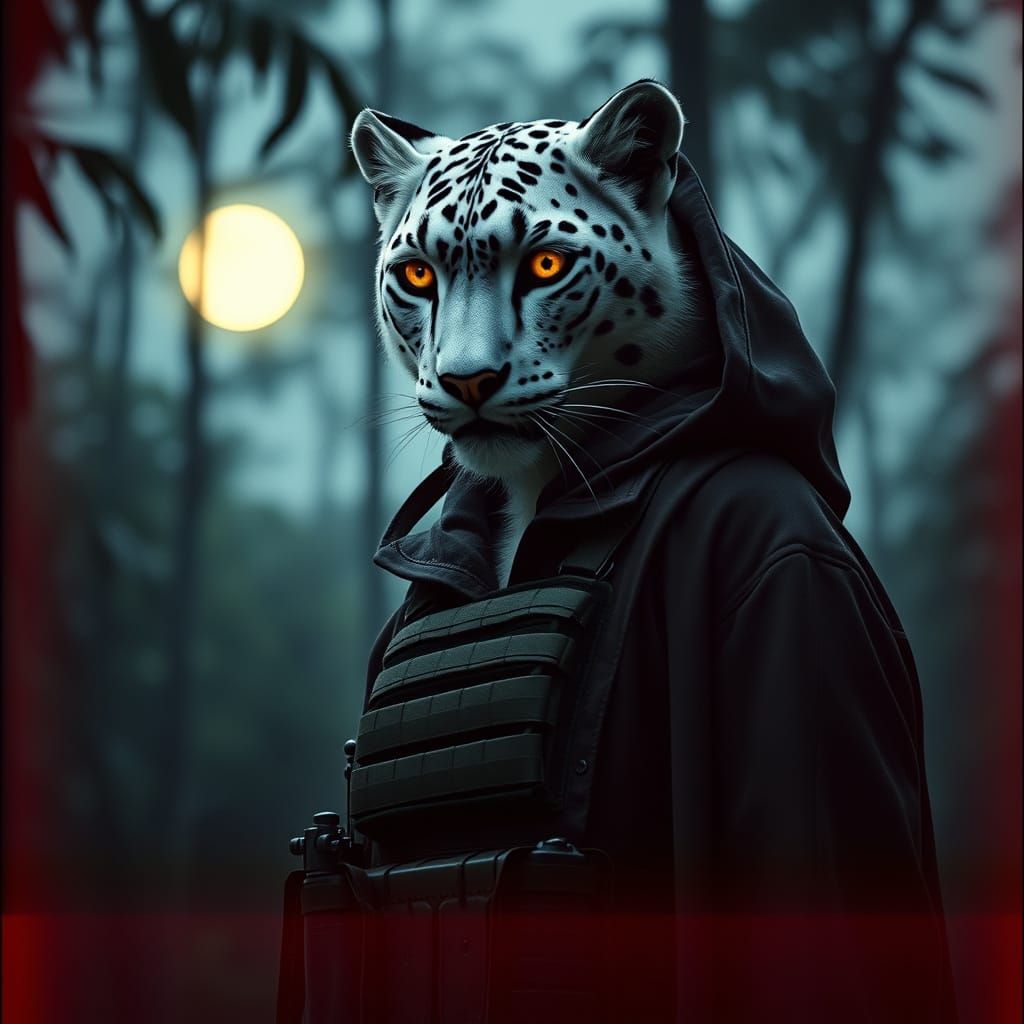 Snow Leopard Vampire Soldier in Amazonian Forest