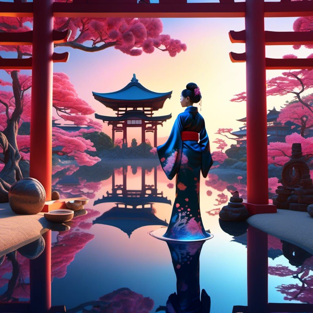 Woman, Temple Gate and Bonsai in Glass: Surreal Sunrise