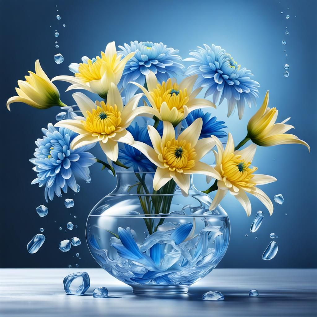 Delicate Blue Chrysanthemums and Lilies in Ice Vase