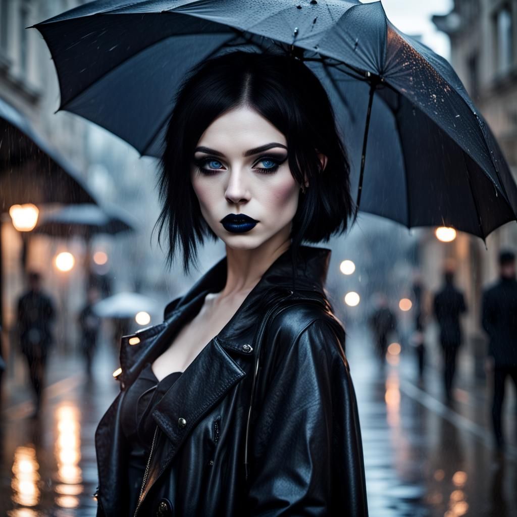 Gothic Woman Walking on Rainy Street