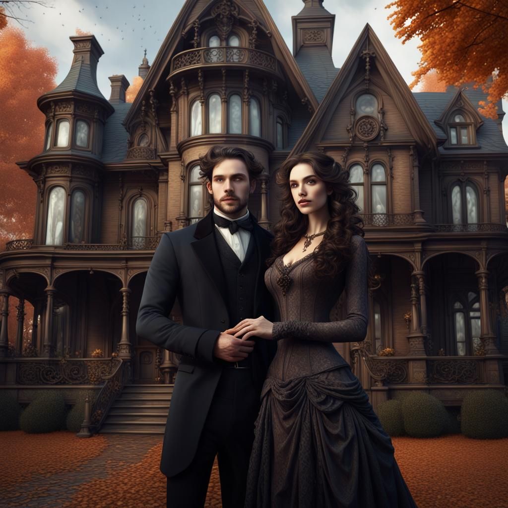 Gothic Victorian Couple in Autumn: Detailed Matte Painting