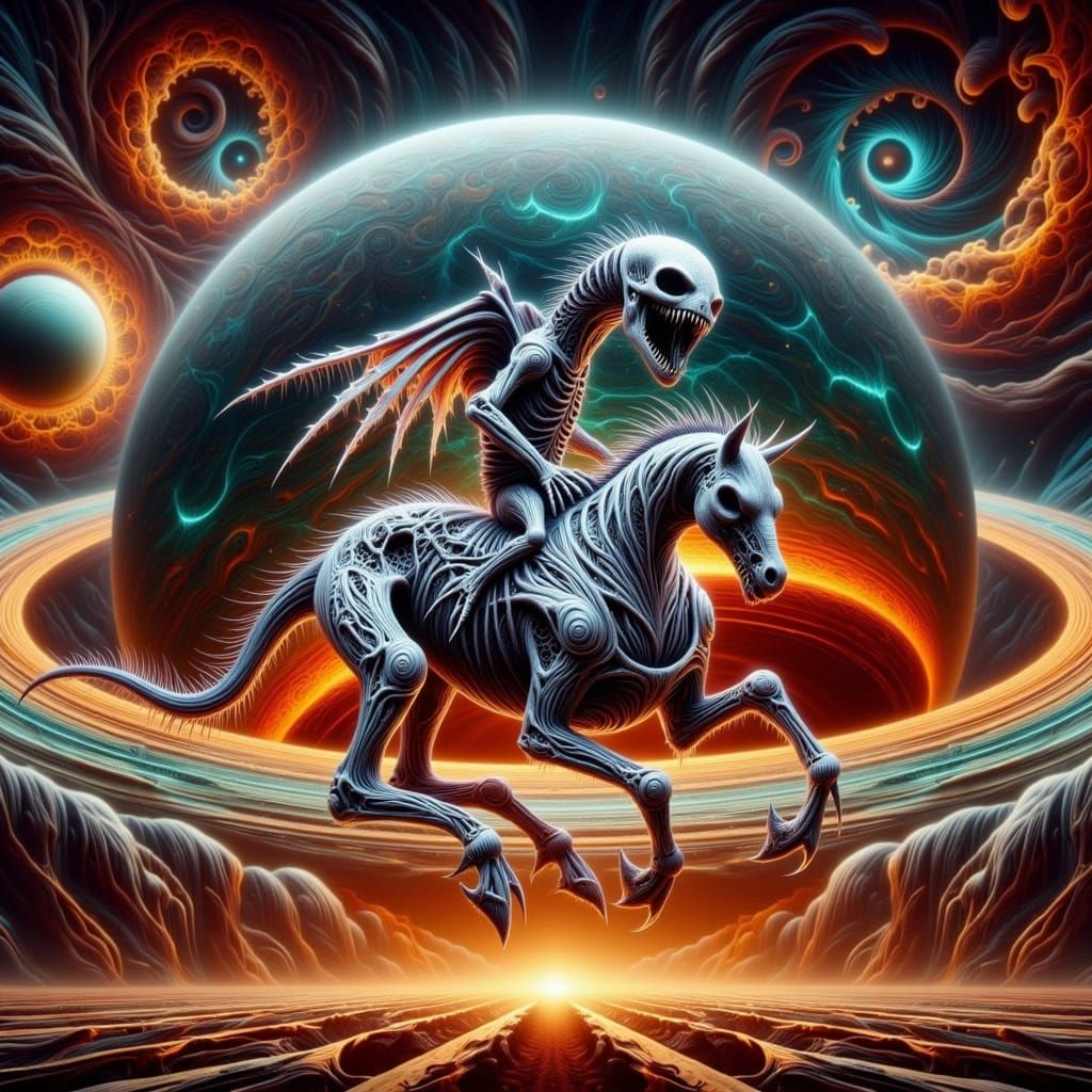 Cyberpunk Dreams: Xenomorphs Ride Skeleton Horses Amidst Bur...