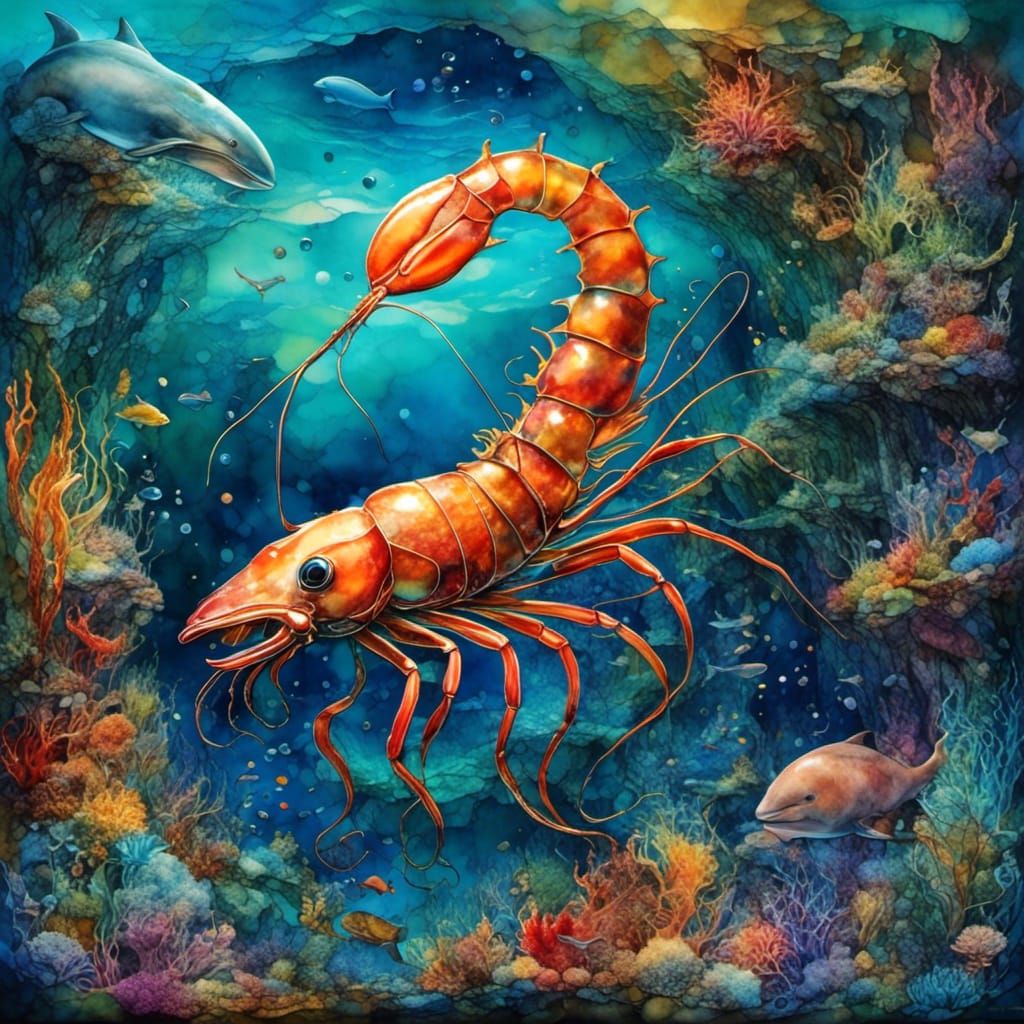 <lora:Black Beach:1.0> <lora:PR Alcohol WC Glass:1.0> Alcohol ink of a gigantic shrimp standing over a tiny whale