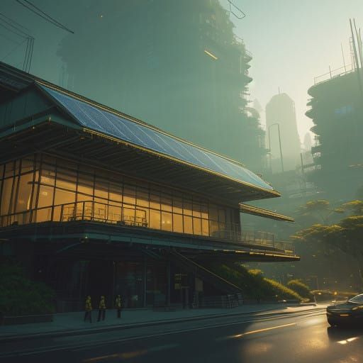 Surreal Solarpunk Cityscape at Golden Hour, with Lush Greene...