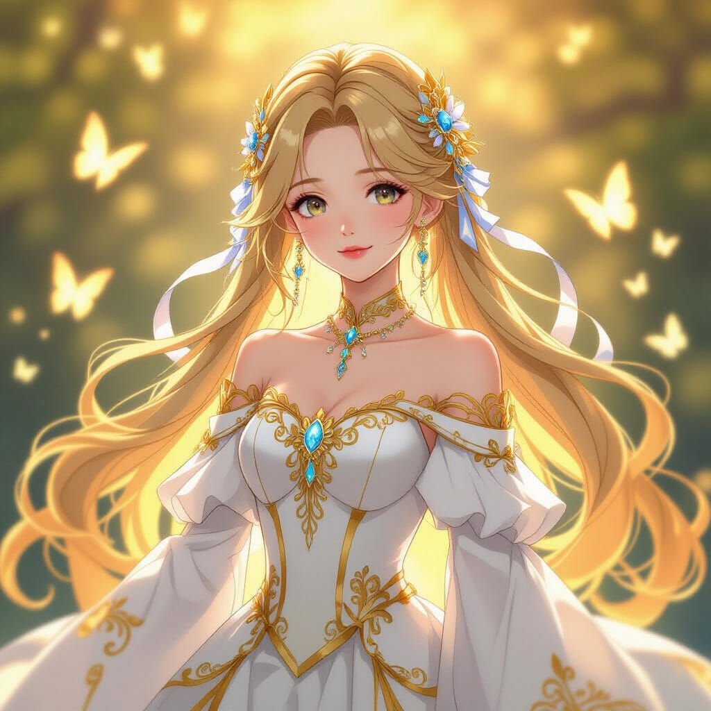 Elegant Anime Woman with Jeweled Hair in Sunlight