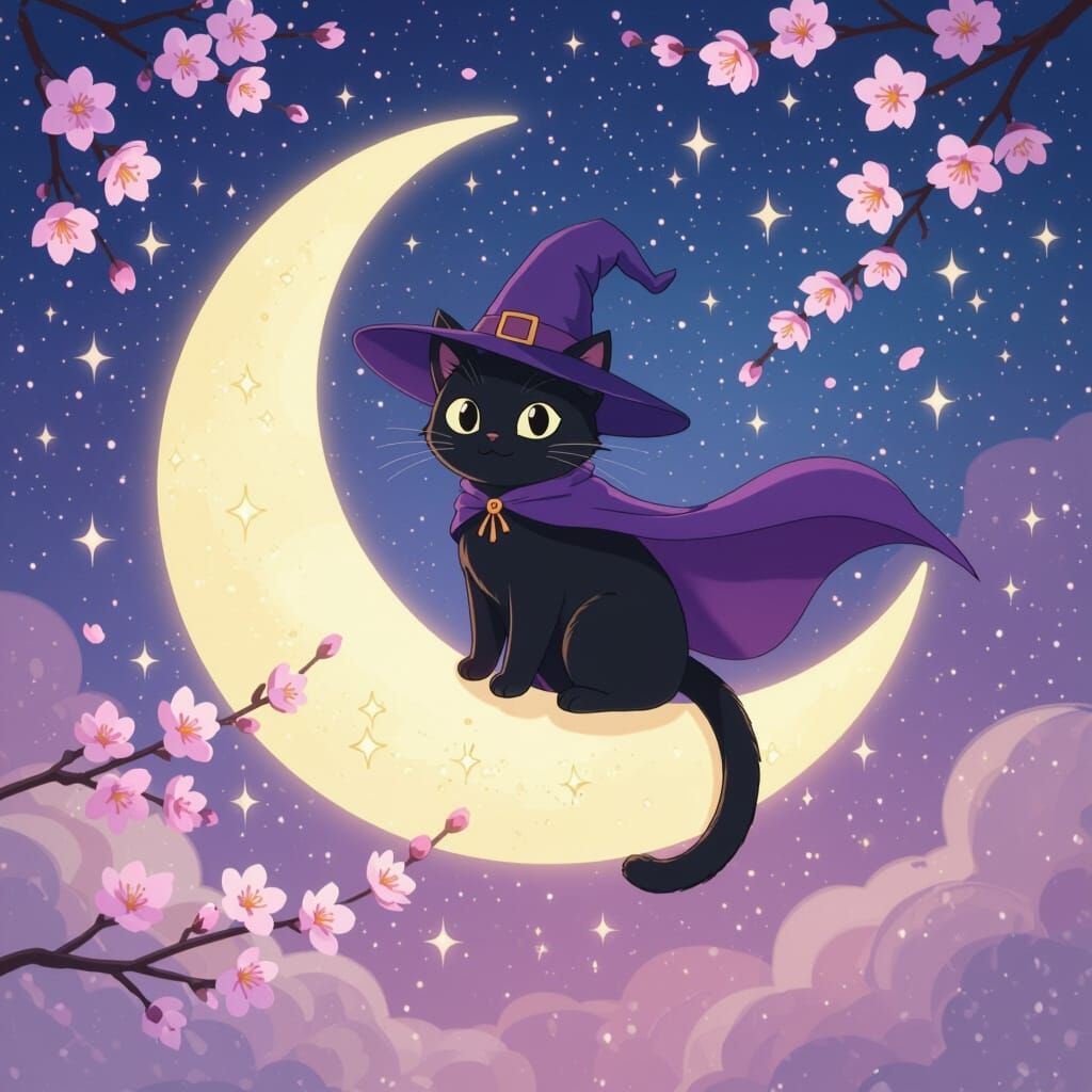 Black Cat Witch on Crescent Moon in Pastel Nebula