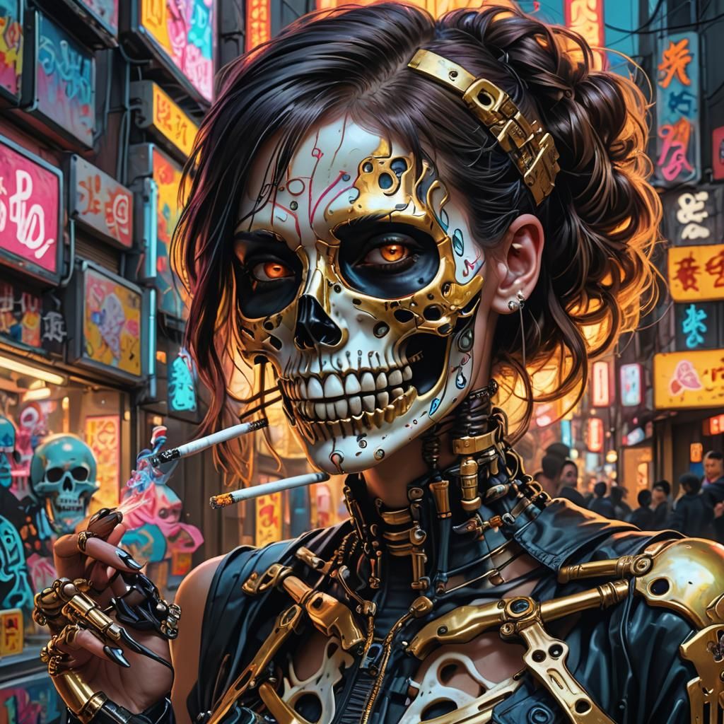 Cyberpunk Woman with Skeleton Face in Tokyo