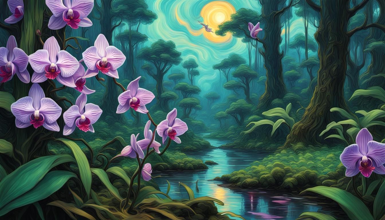 Catleia Orchid in Amazon, Psychedelic Van Gogh Style