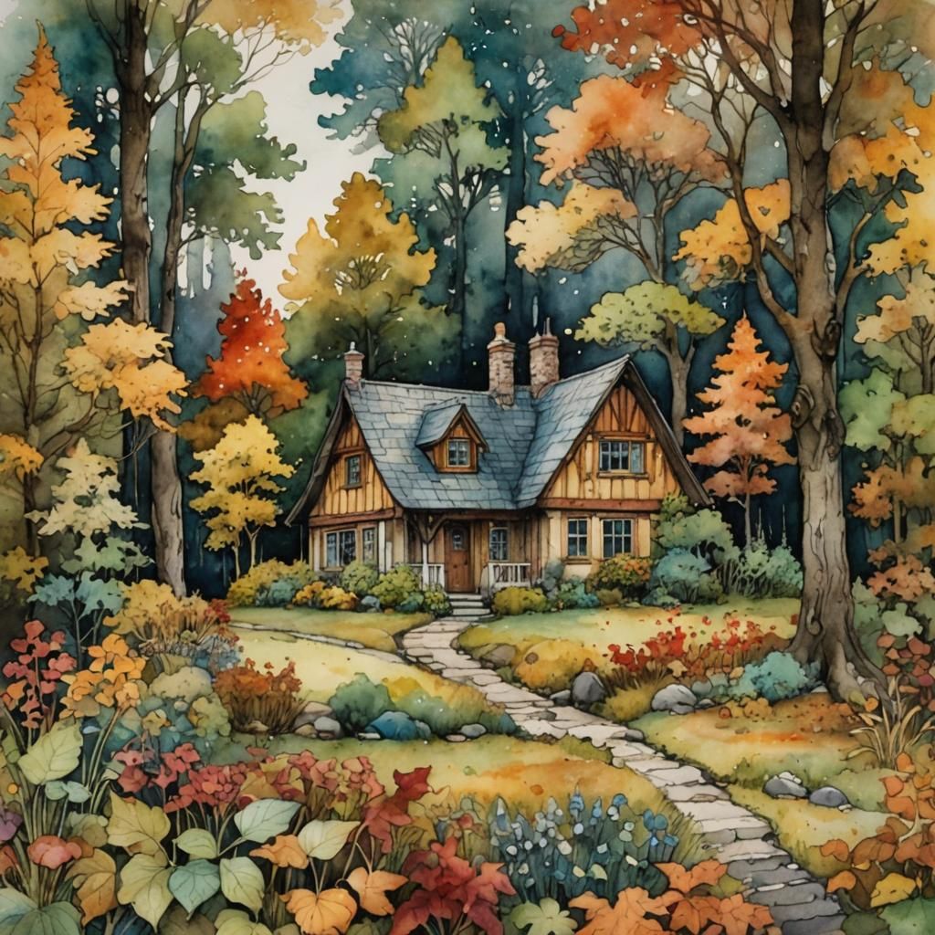 Watercolor Cottage and Garden in Autumn Colors