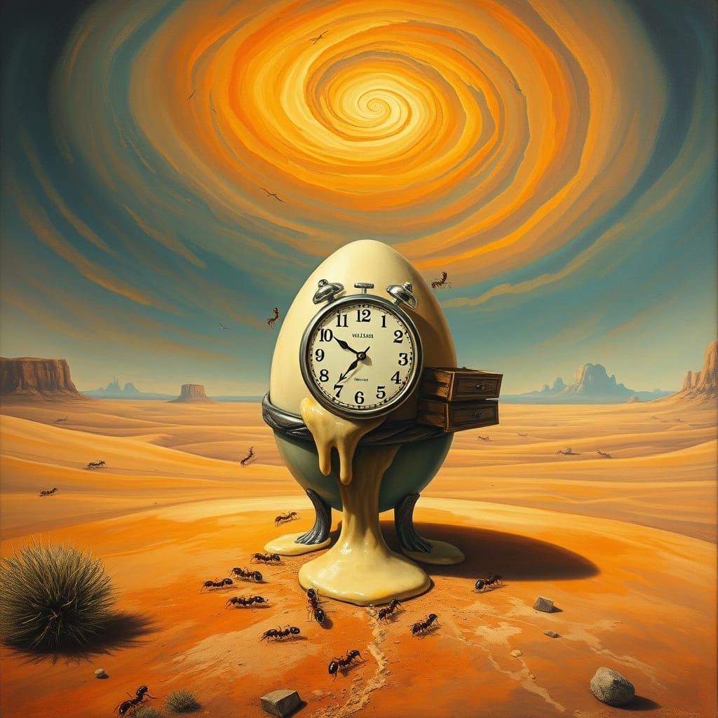 Surrealist Egg in Endless Desert Landscape, Melting and Drea...