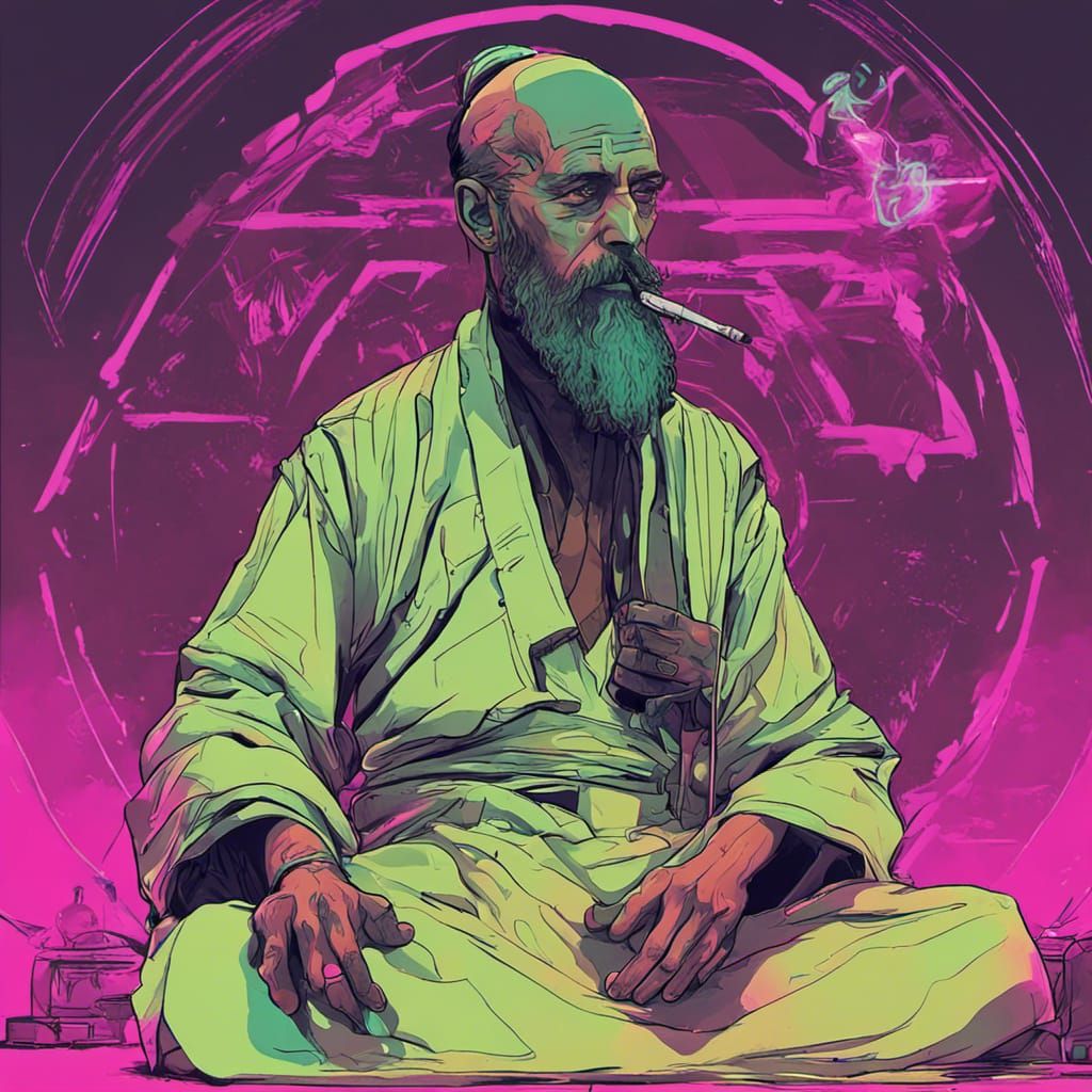 Cyberpunk Sufi Monk Smoking in Neon Cityscape