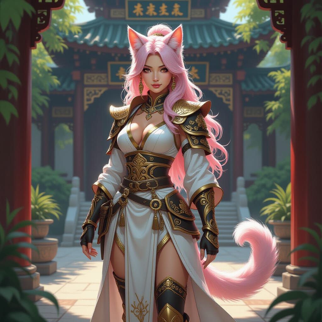 Tabaxi Woman in Temple, Expressive Digital Art