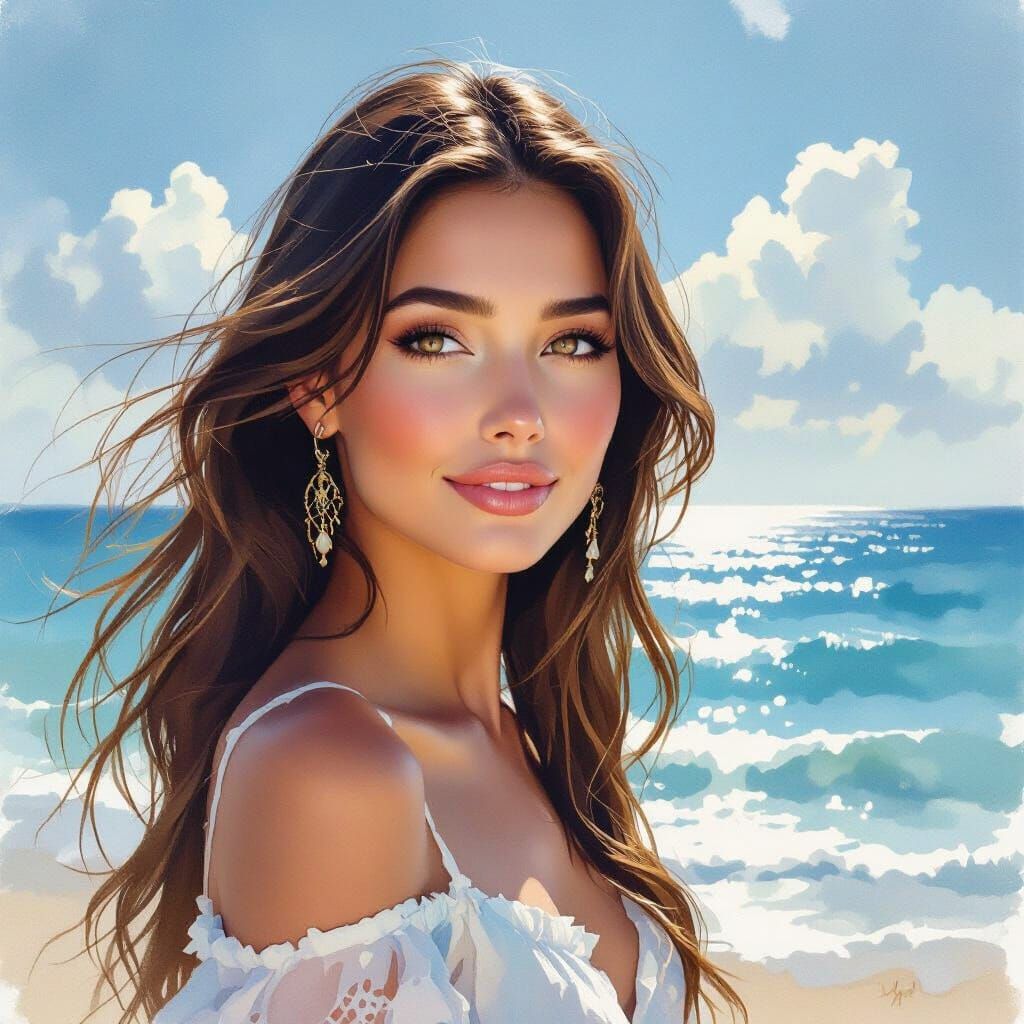 Woman by the Sea in Expressive Watercolor Style