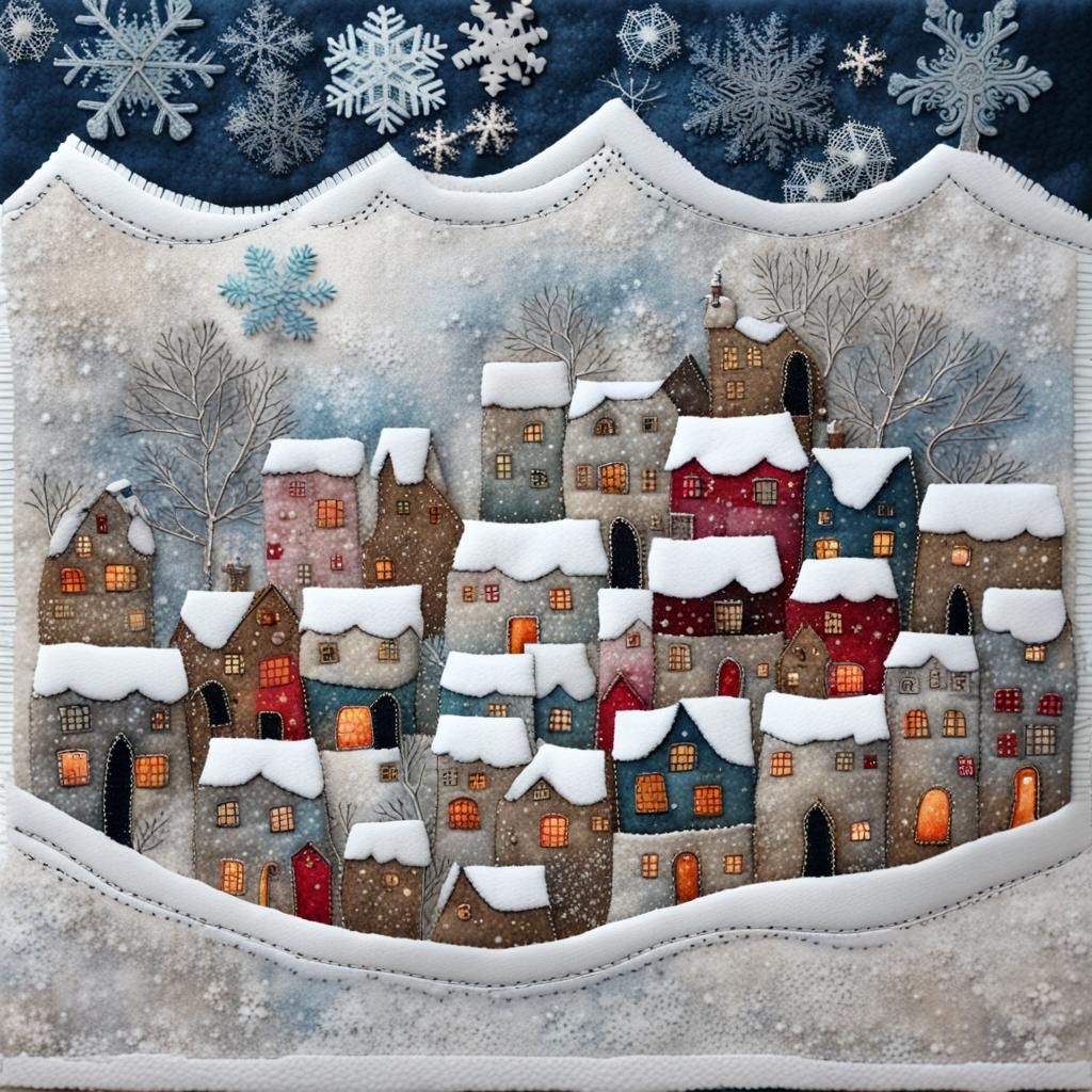 Winter Village Fabric Collage in Boho Style