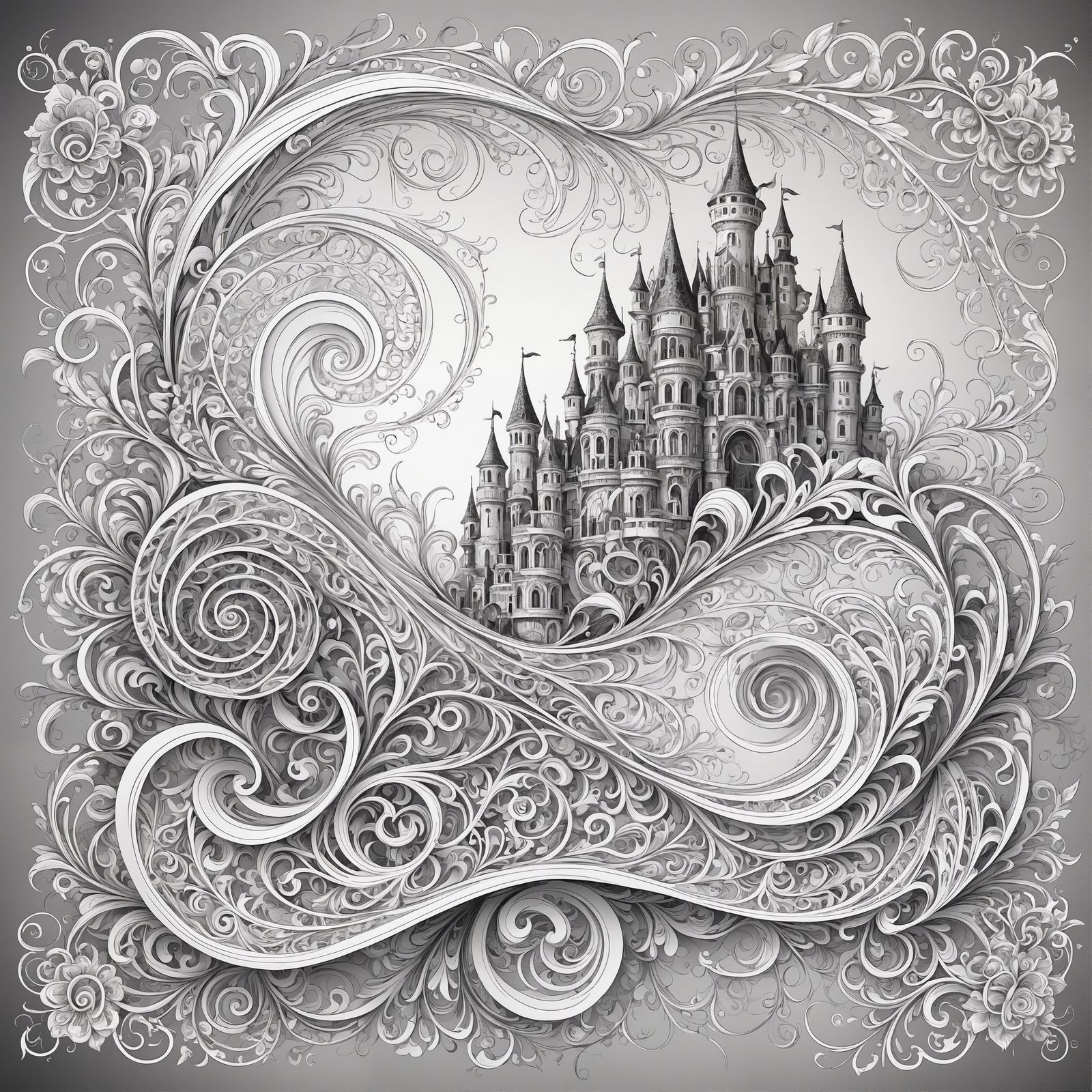 Beauty and the Beast Whimsical Filigree Line Art