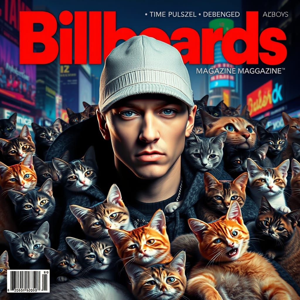 Eminem Magazine Cover Surrounded by Cats in Cityscape