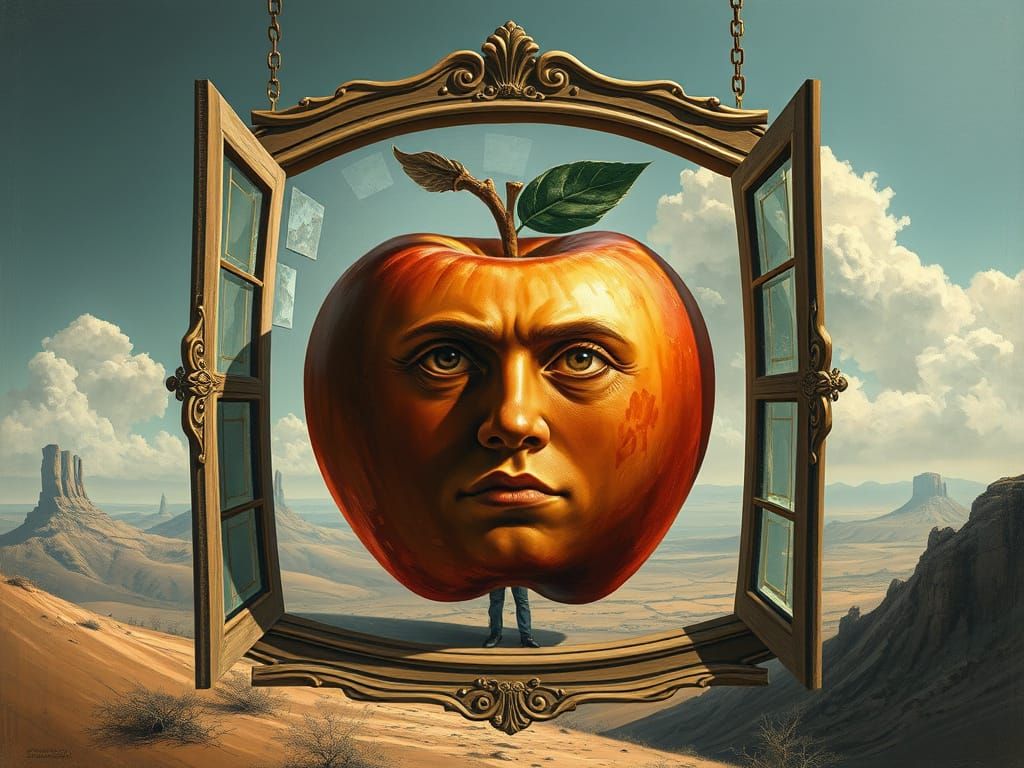 Style of  Rene Magritte, a window hanging in space showing a...