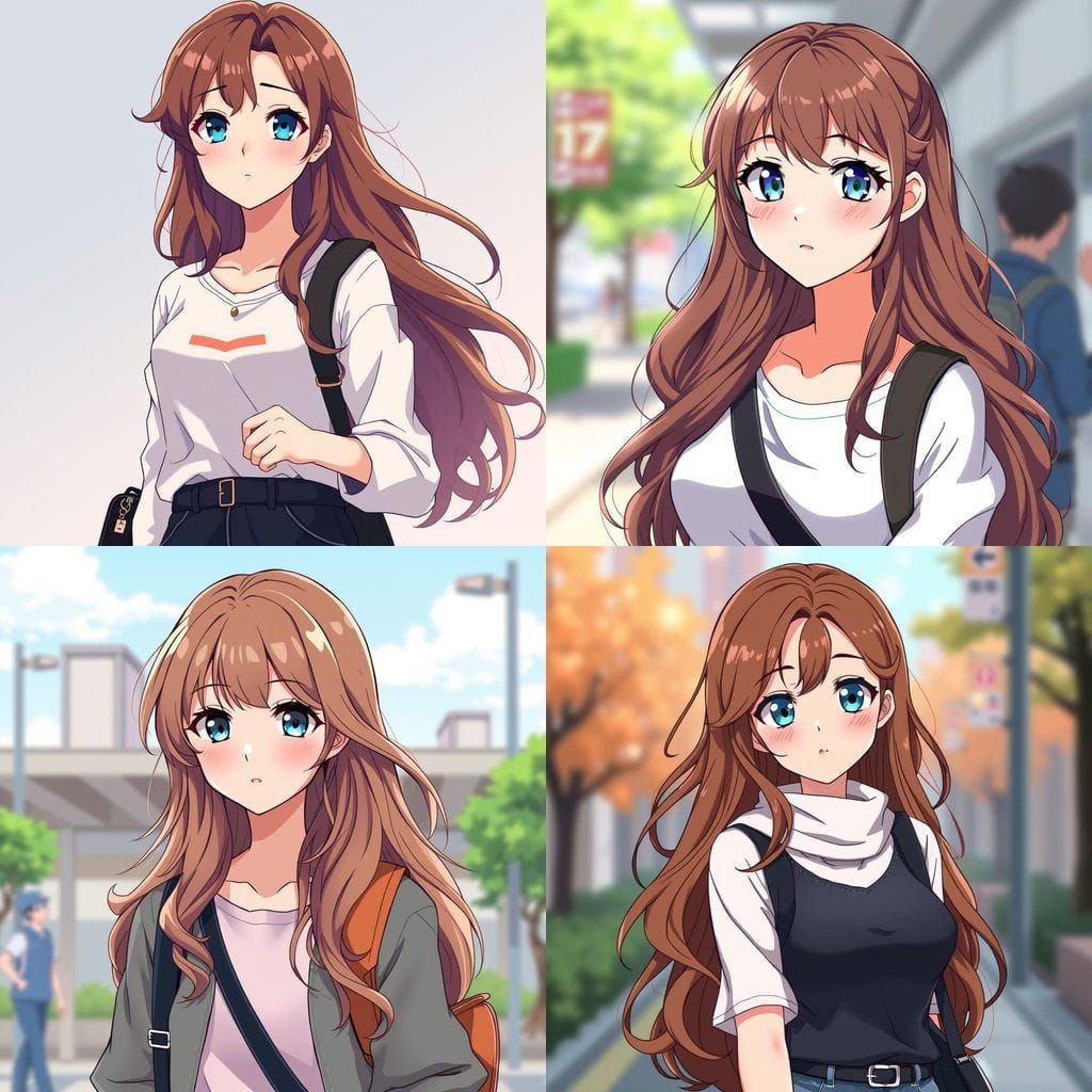 anime style woman has long wavy brown hair blue eyes a calm ...