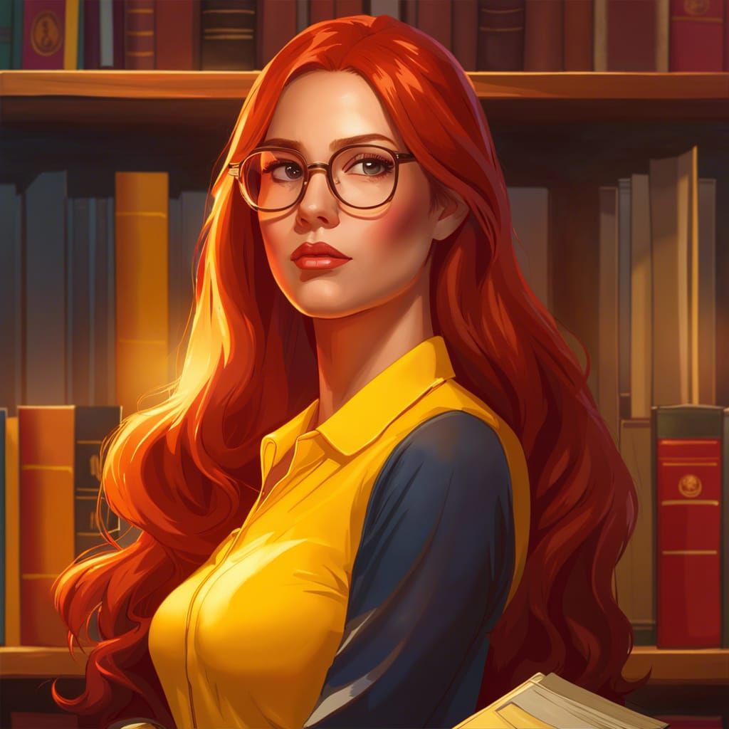 Redhead Librarian in Hyperdetailed Digital Art Style