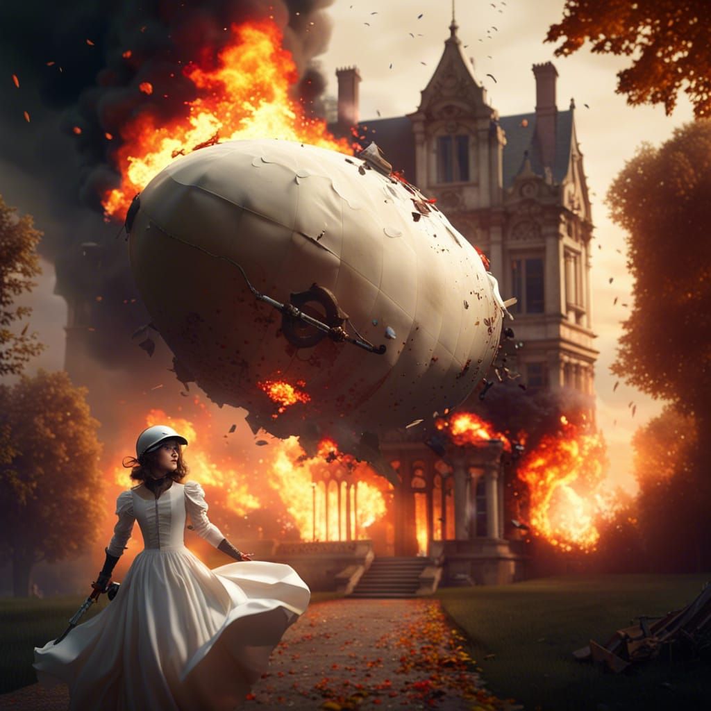 Girl Running From Burning Zeppelin, Fantasy Concept Art
