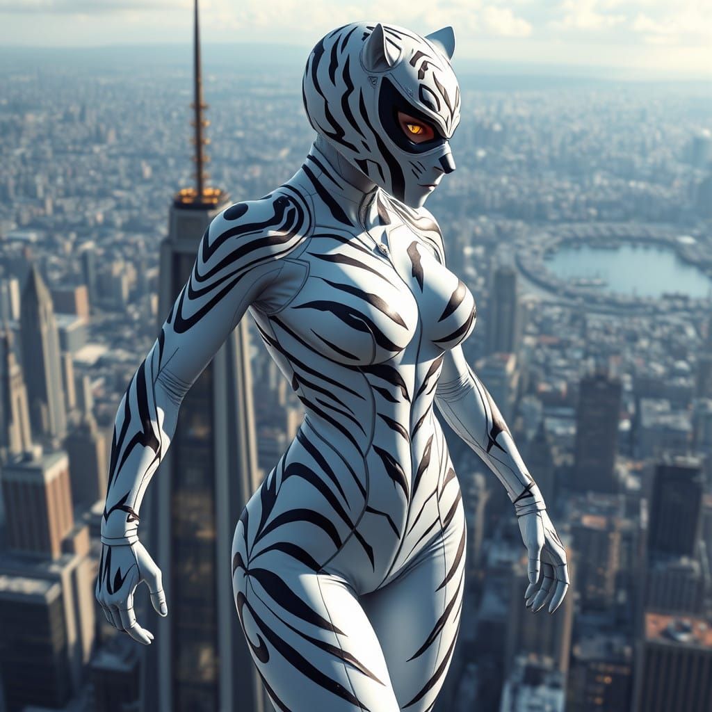 Heroic White Tiger Superhero in Futuristic Skyscraper