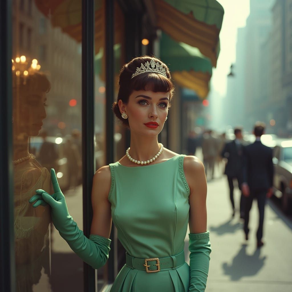 Elegant Audrey Hepburn in Vintage Green Satin, Tiffany's 196...