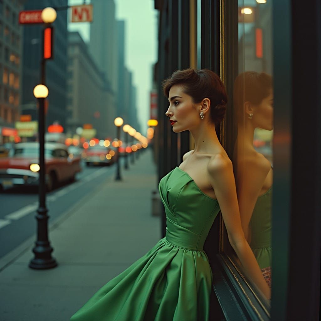 Vibrant Audrey Hepburn in 1950s New York, Wearing a Stunning...