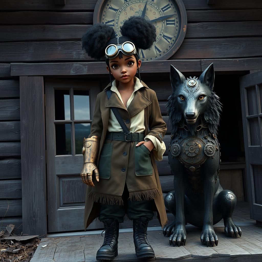 Steampunk Artisan and Clockwork Wolf in Anime Style