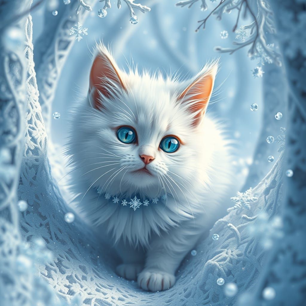 Whimsical Cat in Enchanted Snow Forest
