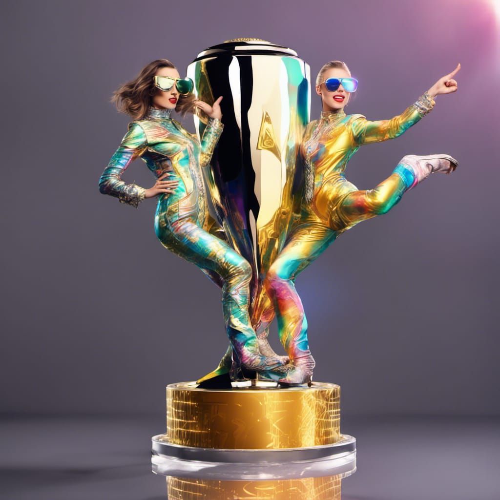 Dancing beautiful young rich couple (woman & man) holding a Trophy wearing amazing vibrant fashionable futuristic multic...