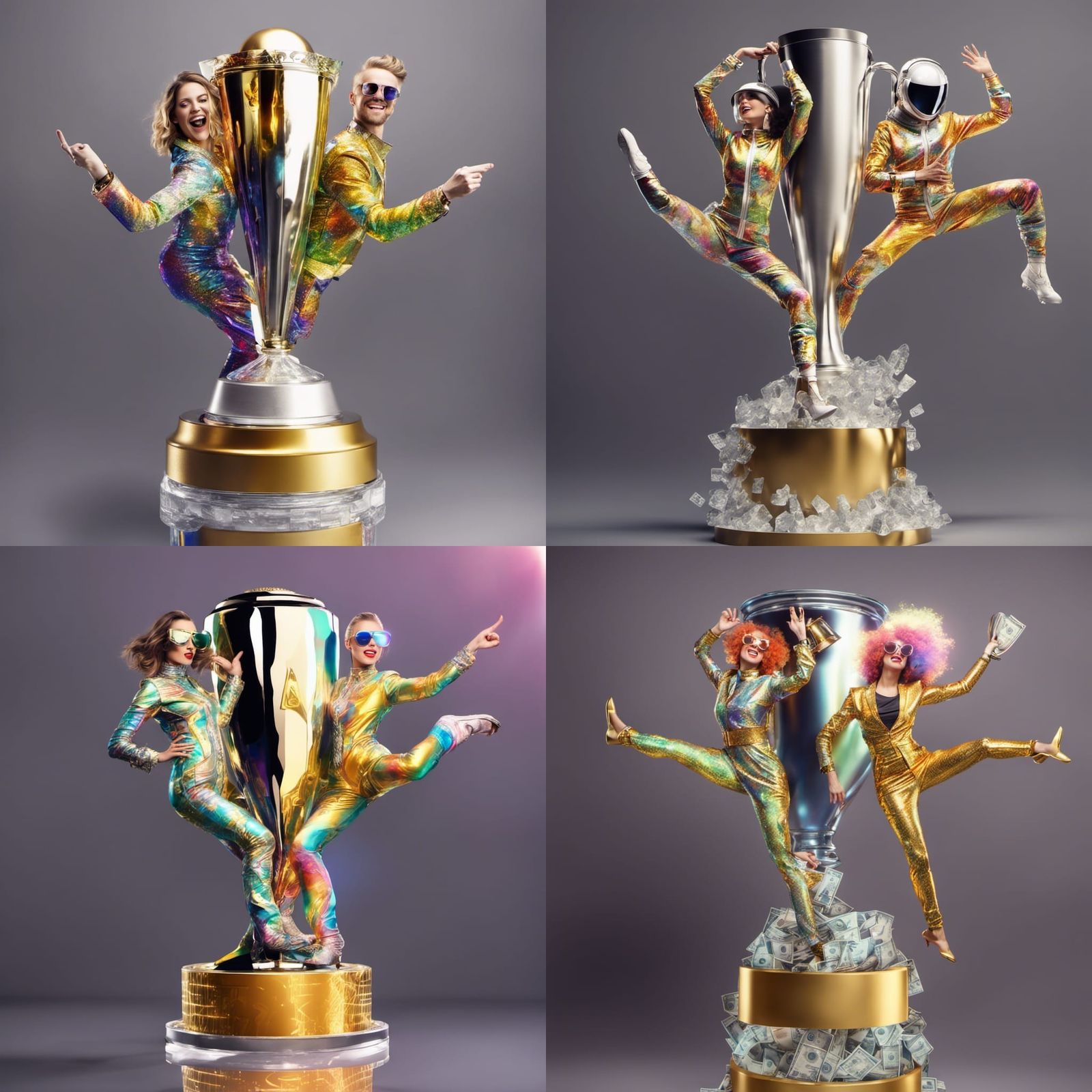 Dancing beautiful young rich couple (woman & man) holding a Trophy wearing amazing vibrant fashionable futuristic multic...