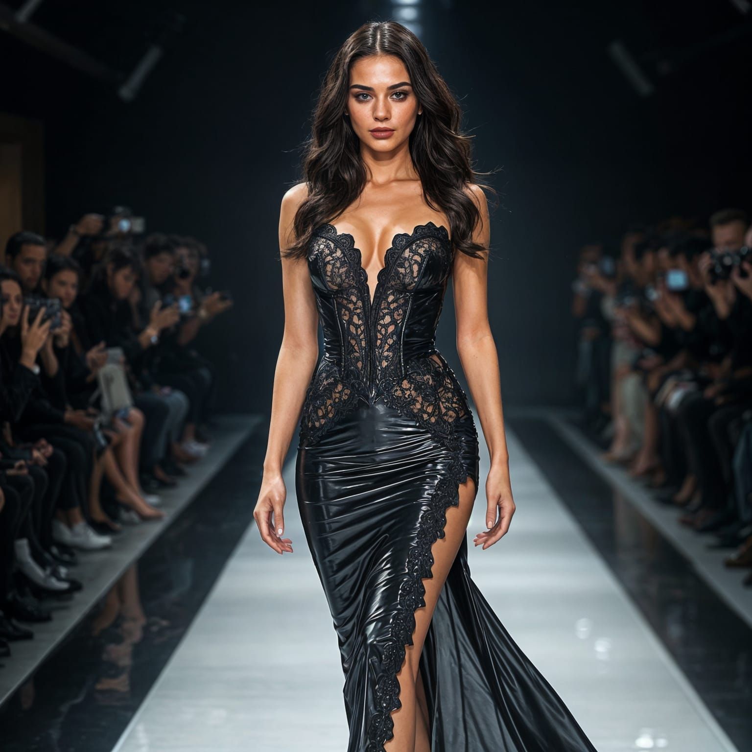 Elegant Woman Struts Down the Catwalk in a Stunning Latex Go...