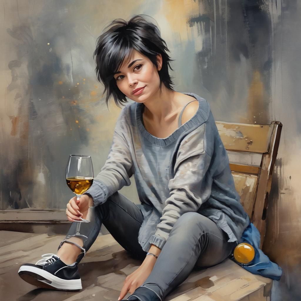 whimsical 45 year old woman with messy pixie black hair with...