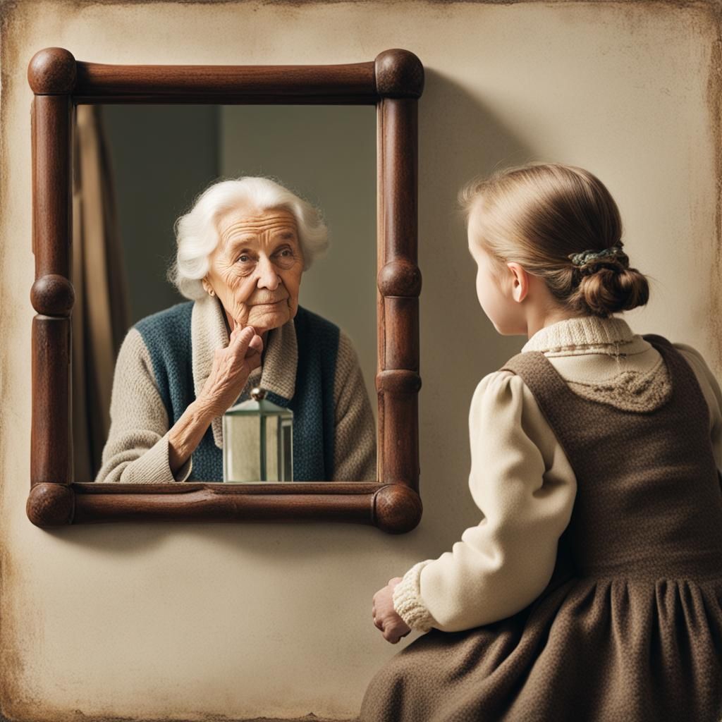 Old Woman's Mirror Reveals Youthful Reflection
